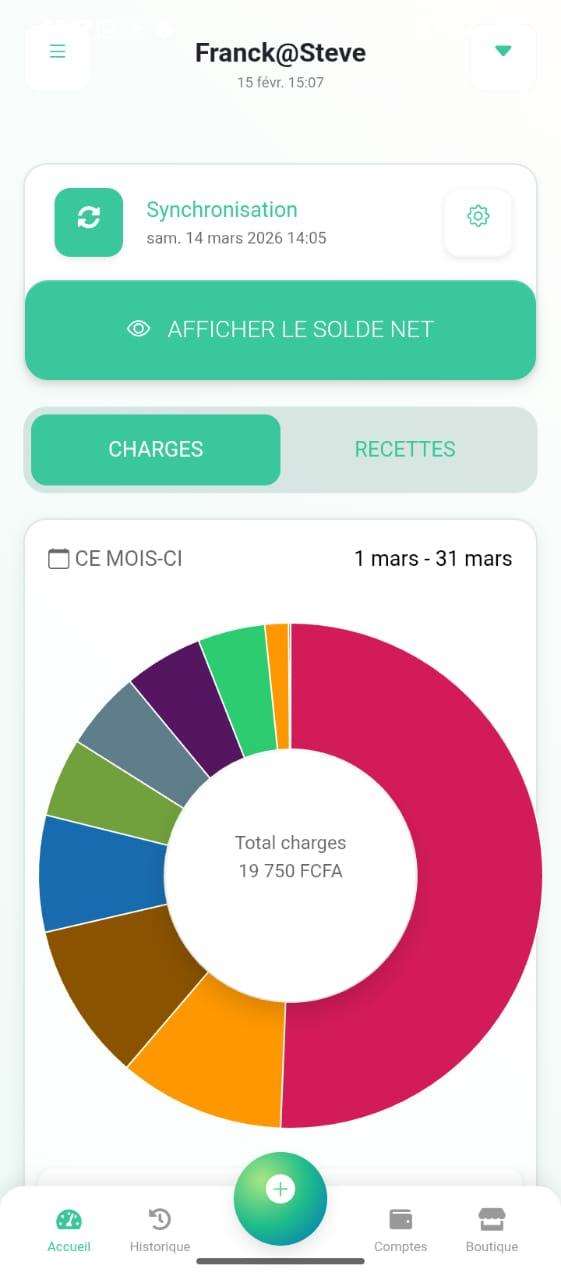 Écran d'accueil Bessalel Money : suivi des charges et recettes
