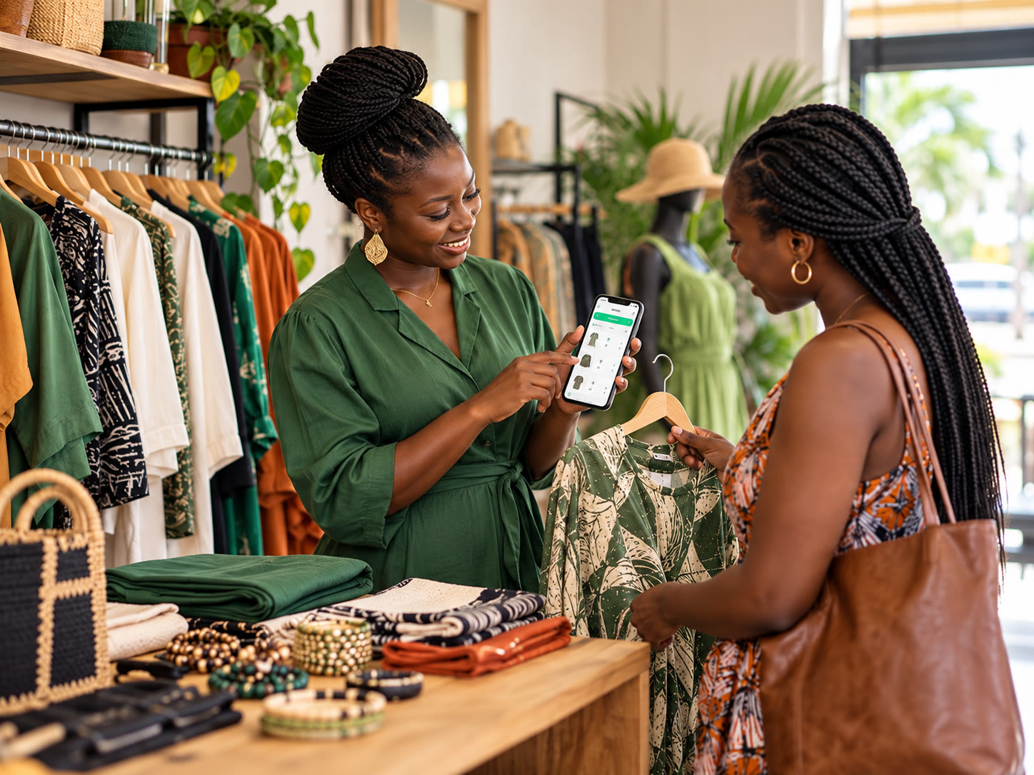Commerçante utilisant Bessalel Money sur son téléphone dans sa boutique
