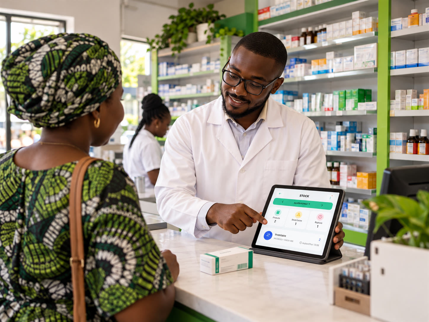 Pharmacien vérifiant un produit dans Bessalel Money sur une tablette