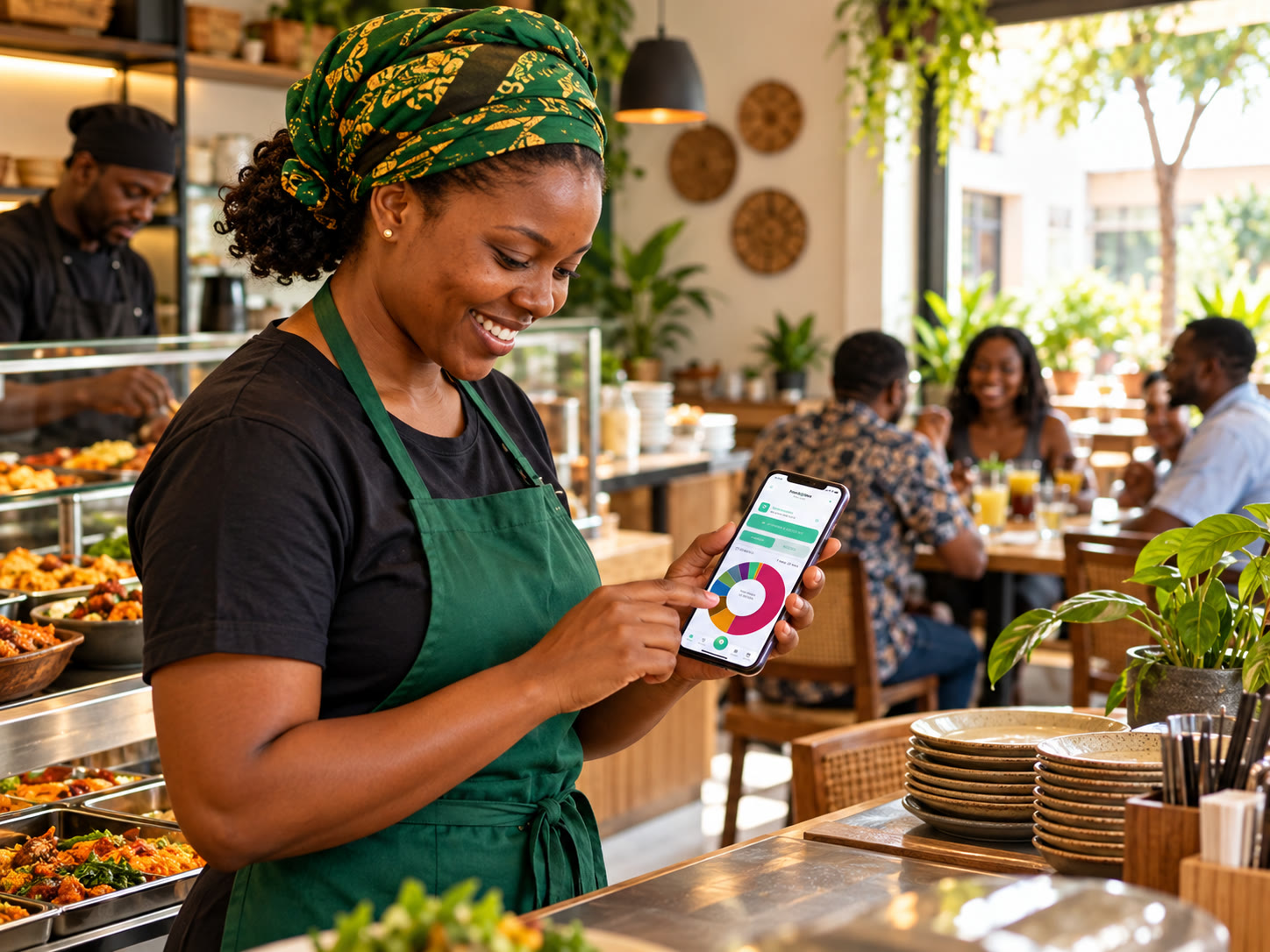 Employée de restaurant consultant Bessalel Money sur son téléphone
