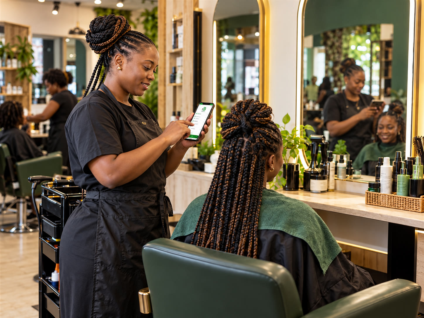Coiffeuse utilisant Bessalel Money sur son téléphone dans son salon