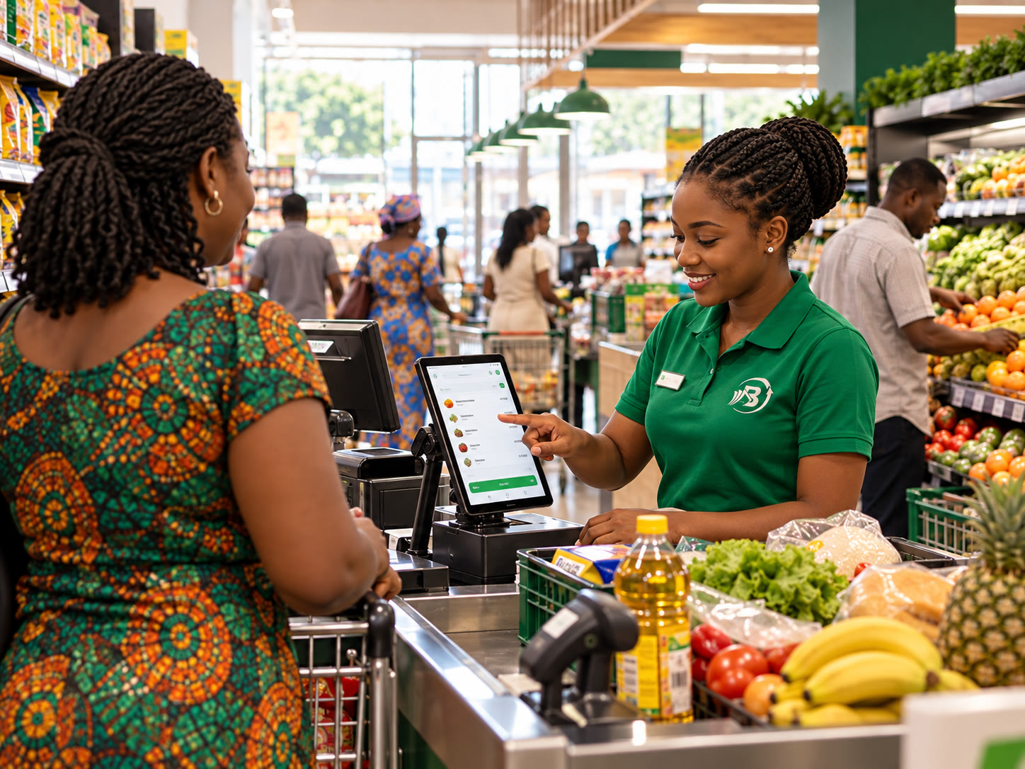 Caissière utilisant Bessalel Money sur une tablette au passage en caisse